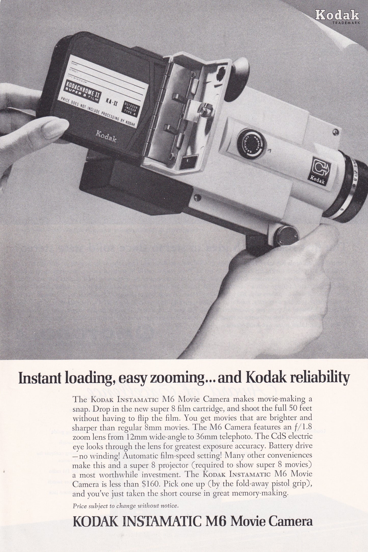 1966 Original Vintage Magazine Ad - Kodak Instamatic M6 Movie Camera - Super 8 Film Cartridge