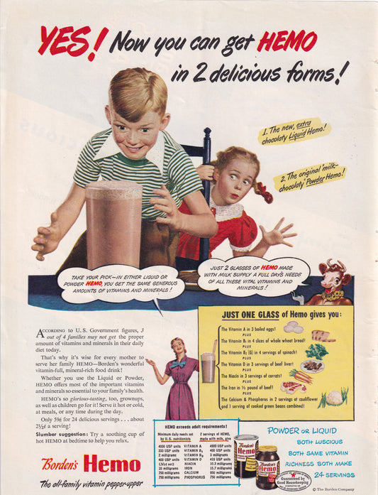 1946 Original Vintage Borden's Hemo Vitamin Ad - Rare Americana Time Capsule