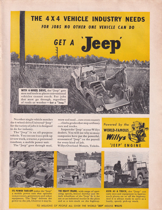 1946 Original Vintage Willy's Jeep Wrangler Automobile Ad - Rare Americana