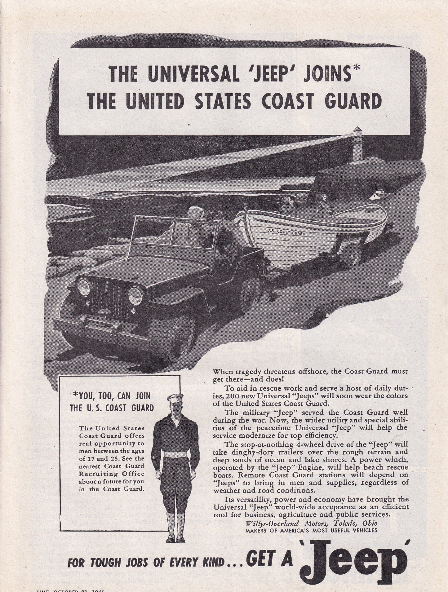 1946 Original Vintage Willy's Jeep Wrangler Automobile Ad - Rare Americana