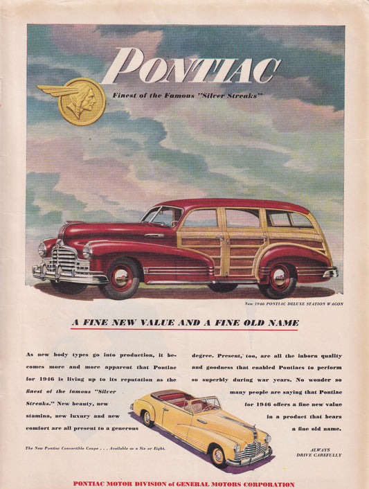 1946 Original Vintage Pontiac De Luxe Station Wagon Automobile Ad - Rare Americana