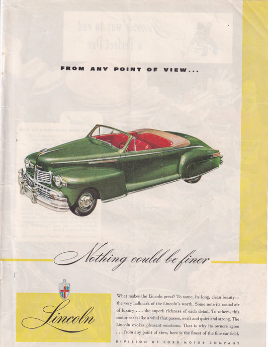 1946 Original Vintage Lincoln Convertible Nothing Finer Automobile Ad - Rare Americana