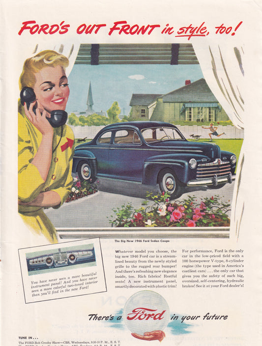 1946 Original Vintage Ford Sedan Coupe Ford's Out Front Automobile Ad - Rare Americana