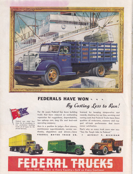 1946 Original Vintage Federal Trucks Automobile Ad - Rare Americana