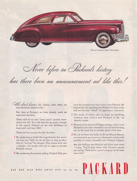 1946 Packard Custom Super Club Sedan Original Vintage Automobile Ad - Rare Americana