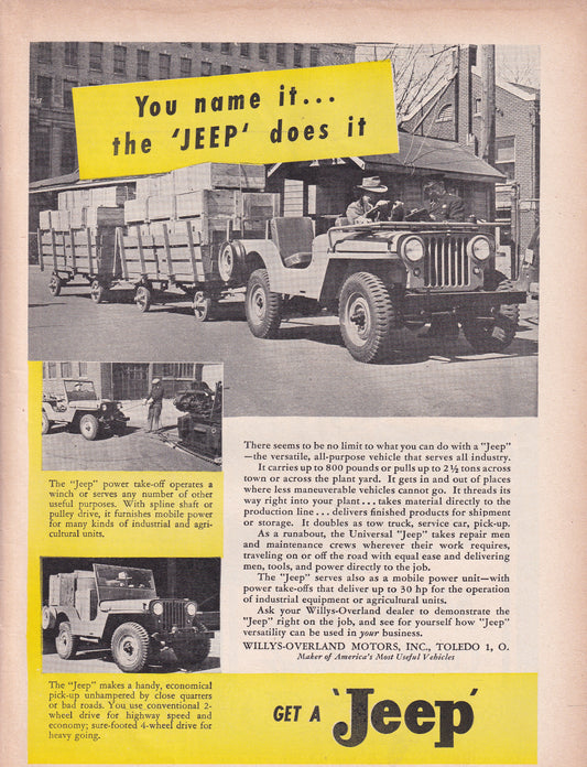 1946 Willy's Jeep Wrangler Original Vintage Automobile Magazine Ad - Rare Americana