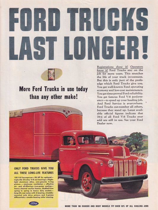 1946 Original Vintage Automobile Magazine Ad - Rare Americana - Ford Trucks