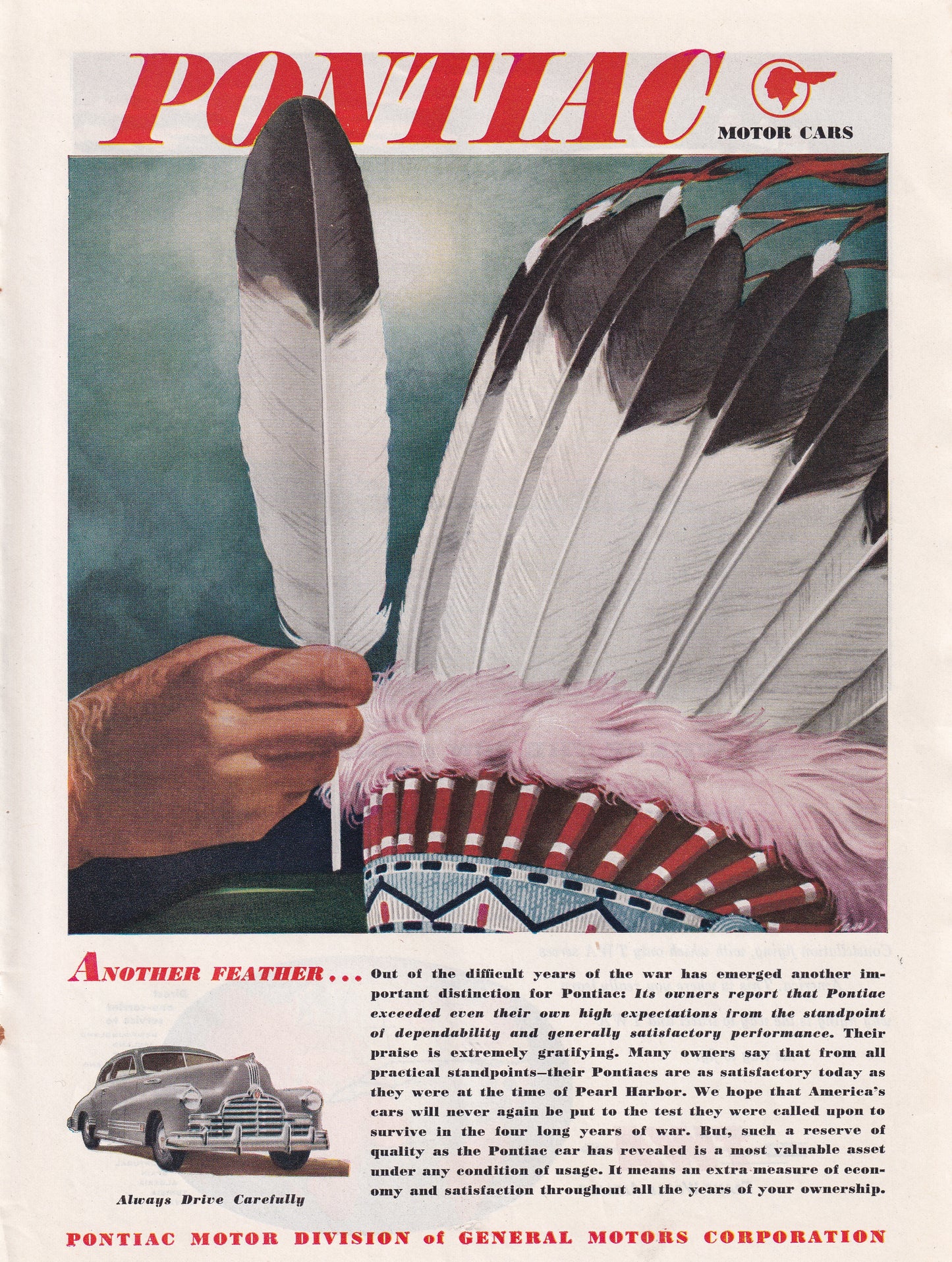 1946 Original Vintage Automobile Magazine Ad - Rare Americana - Pontiac Native American Headdress