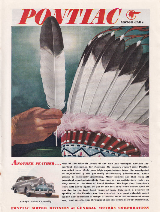 1946 Original Vintage Automobile Magazine Ad - Rare Americana - Pontiac Native American Headdress