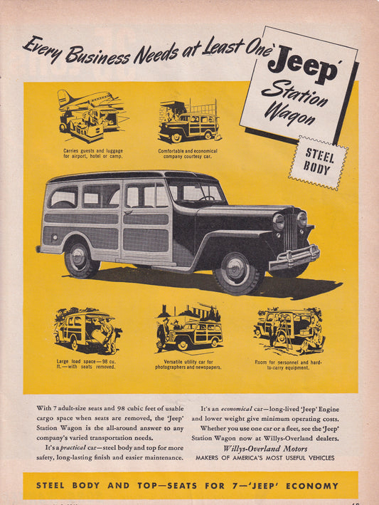 1946 Original Vintage Automobile Magazine Ad - Rare Americana - Willy's Jeep Station Wagon