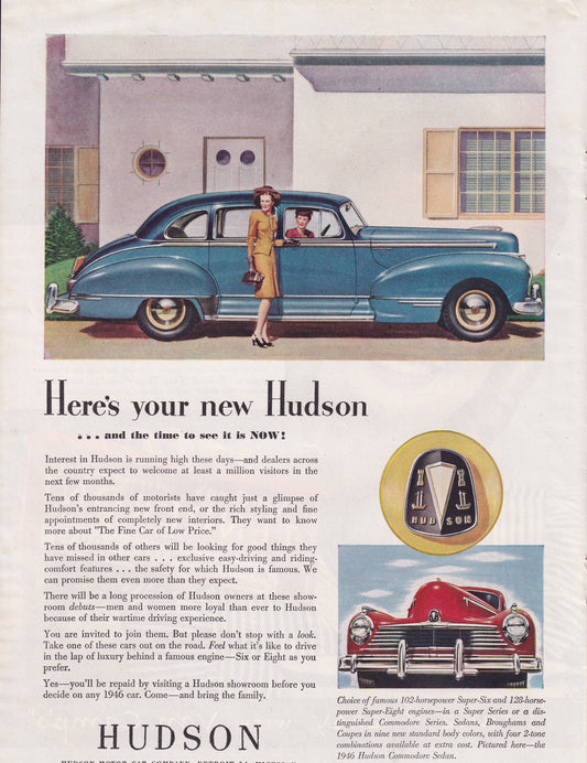 1946 Original Vintage Automobile Magazine Ad - Rare Americana - Hudson Super Six Super Eight