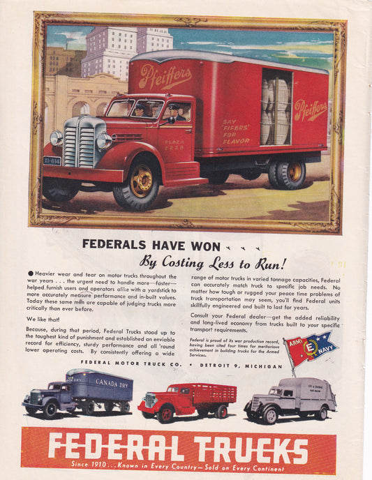 1946 Original Vintage Automobile Magazine Ad - Rare Americana - Federal Trucks