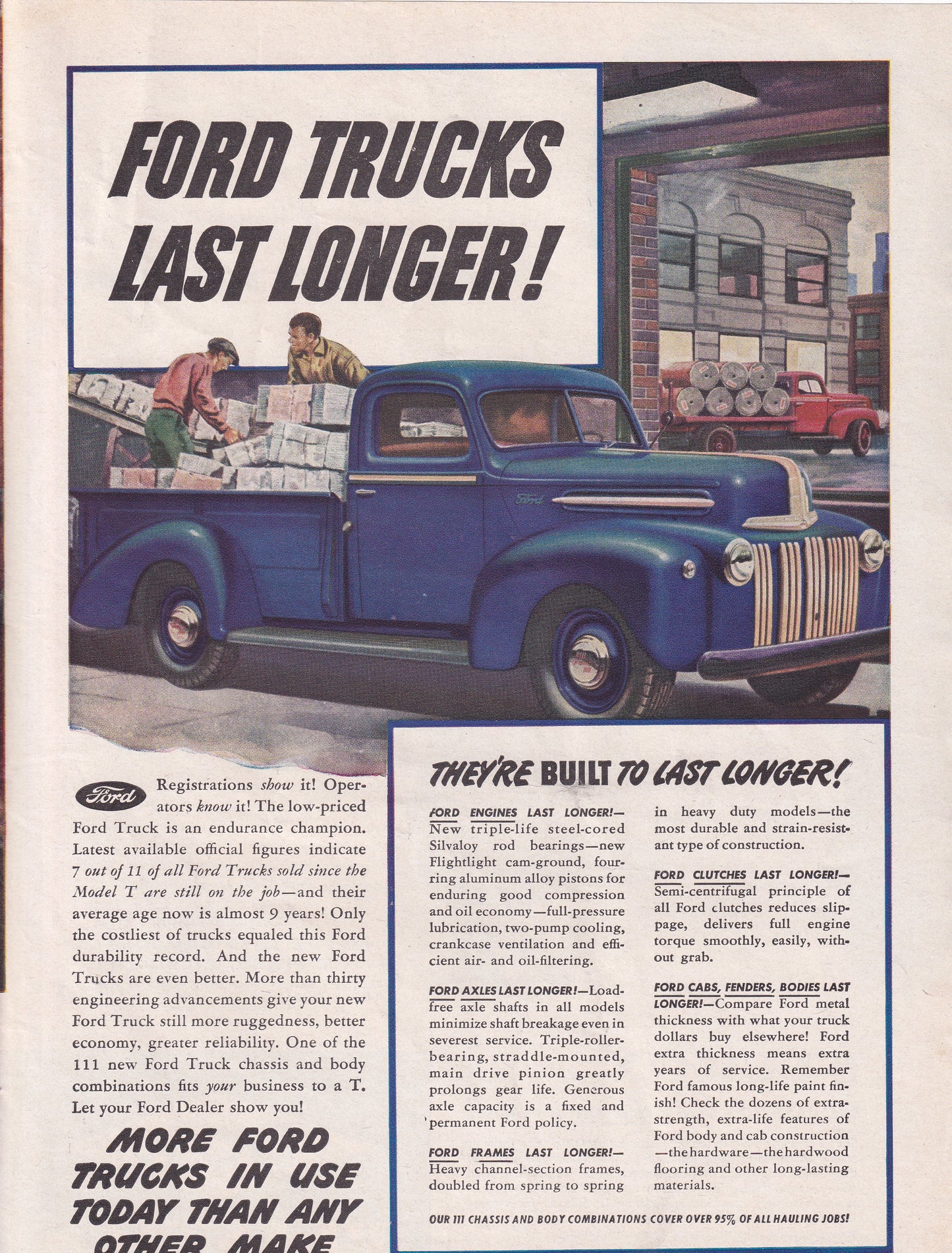 1946 Original Vintage Automobile Magazine Ad - Rare Americana - Ford Trucks Last Longer Blue Truck