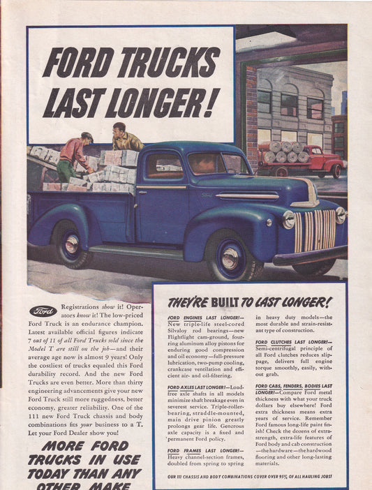 1946 Original Vintage Automobile Magazine Ad - Rare Americana - Ford Trucks Last Longer Blue Truck