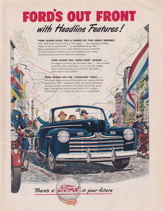 1946 Original Vintage Automobile Magazine Ad - Rare Americana - Ford' s Out Front