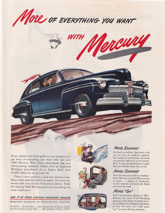1946 Original Vintage Automobile Magazine Ad - Rare Americana - Mercury More Go