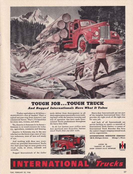 1946 Original Vintage Automobile Magazine Ad - Rare Americana - International Trucks Logging