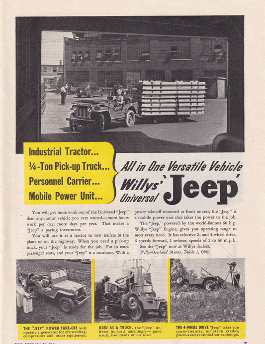 1946 Original Vintage Automobile Magazine Ad - Rare Americana - Willy's Jeep Wrangler