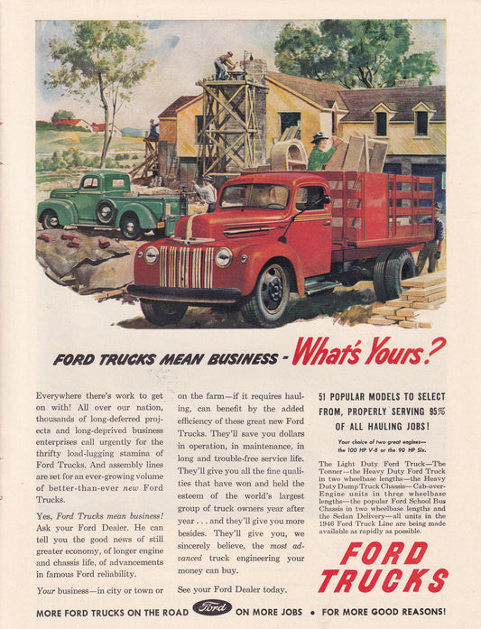 1946 Original Vintage Automobile Magazine Ad - Rare Americana - Ford Trucks Red Stake Body