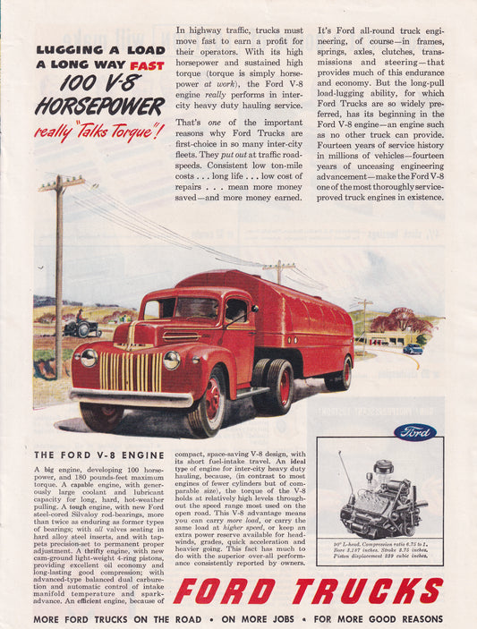 1946 Original Vintage Automobile Magazine Ad - Rare Americana - Ford  Red V8 Truck Engine
