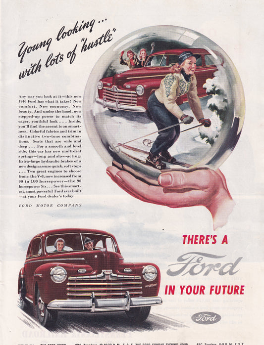 1946 Original Vintage Automobile Magazine Ad - Rare Americana - Ford Young Looking Skiing Girl