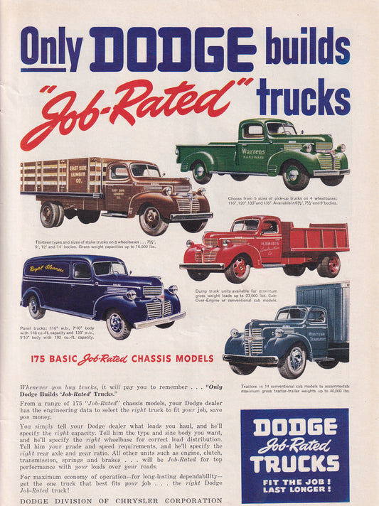 1946 Original Vintage Automobile Magazine Ad - Rare Americana - Dodge Job Rated Trucks
