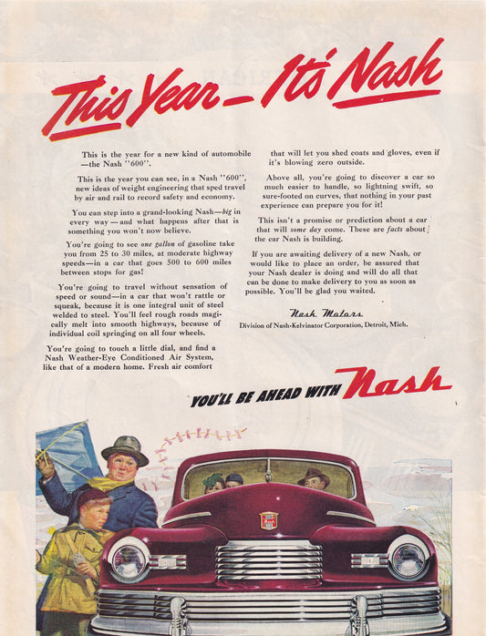 1946 Original Vintage Automobile Magazine Ad - Rare Americana - Nash Auto This Year It's Nash