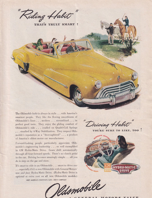 1946 Original Vintage Automobile Magazine Ad - Rare Americana - Oldsmobile Convertible