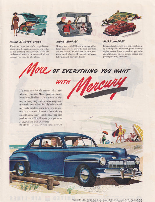 1946 Original Vintage Automobile Magazine Ad - Rare Americana - More with Mercury Auto