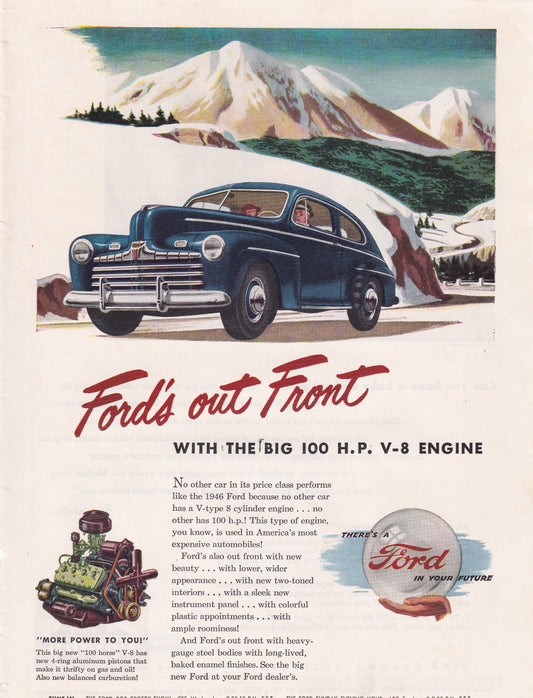1946 Original Vintage Automobile Magazine Ad - Rare Americana - Ford's Out Front