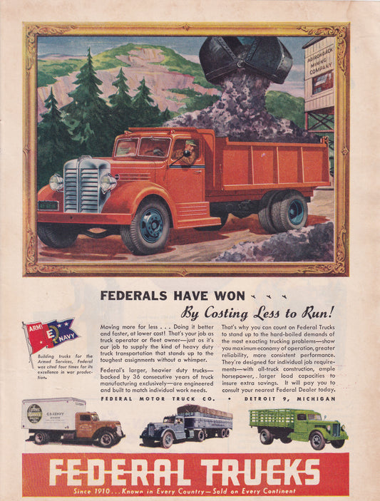 1946 Original Vintage Automobile Magazine Ad - Rare Americana - Federal Trucks Dump Truck