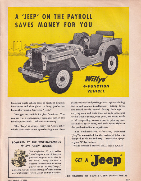 1946 Original Vintage Automobile Magazine Ad - Rare Americana - Willy's Jeep Wrangler