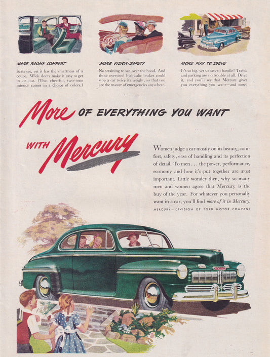 1946 Original Vintage Automobile Magazine Ad - Rare Americana - Mercury More of Everything You Want