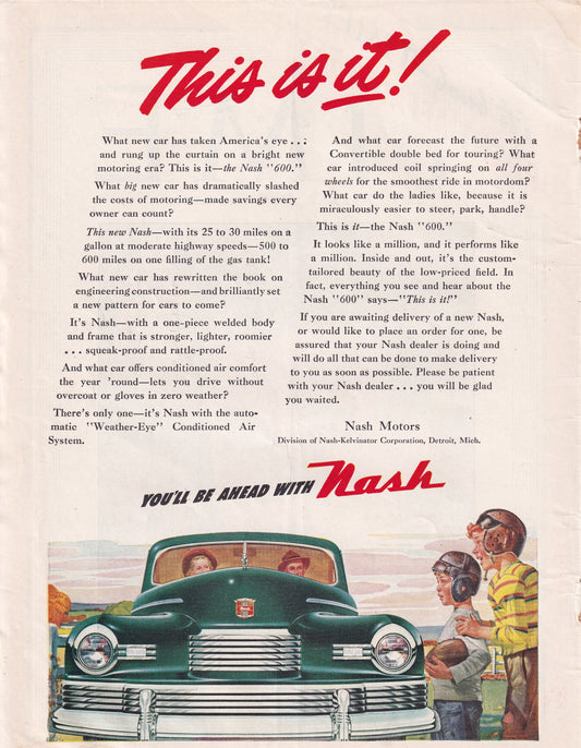 1946 Original Vintage Automobile Magazine Ad - Rare Americana - Nash This is IT