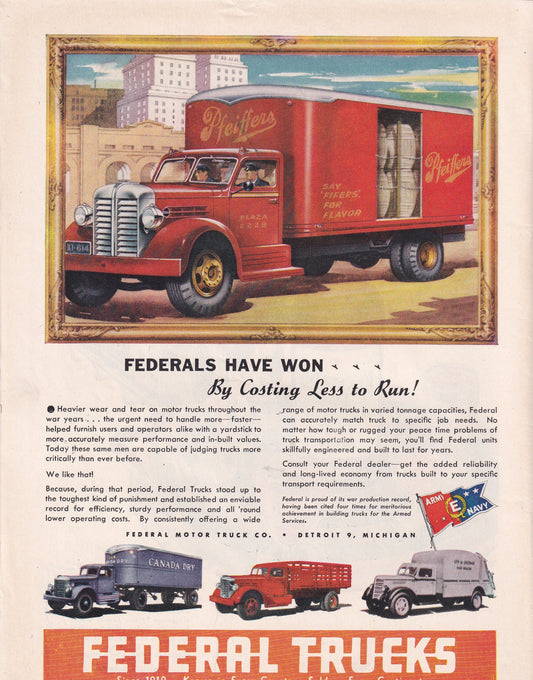 1946 Original Vintage Automobile Magazine Ad - Rare Americana - Federal Trucks Red Moving Truck