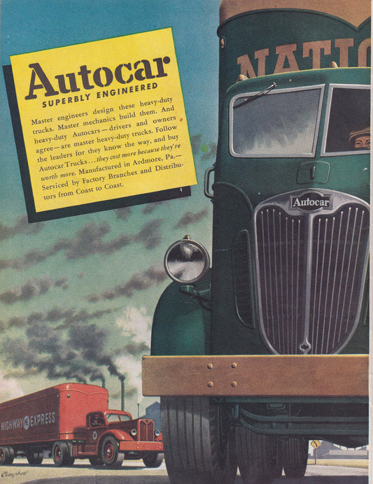 1946 Original Vintage Automobile Magazine Ad - Rare Americana - Autocar Trucks
