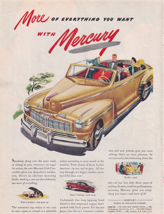 1946 Original Vintage Automobile Magazine Ad - Rare Americana - Mercury Convertible Everything You Want