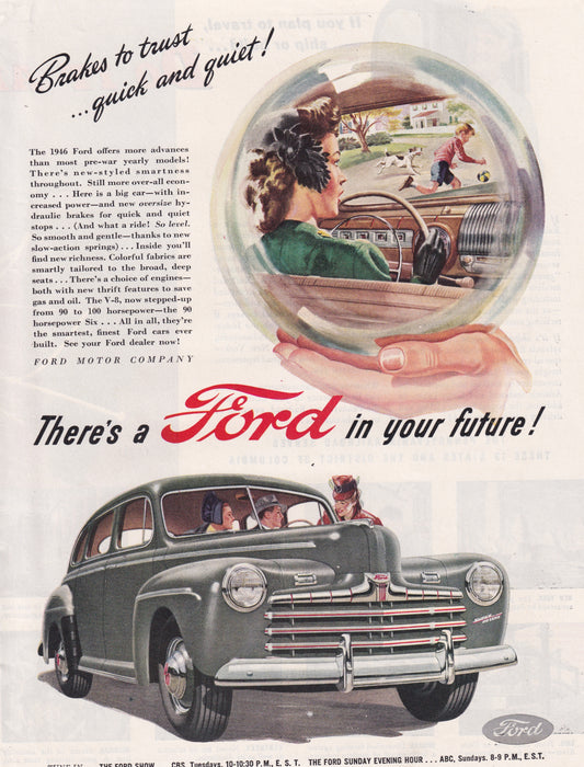 1946 Original Vintage Automobile Magazine Ad - Rare Americana - Ford Brakes to Trust Kid in Road