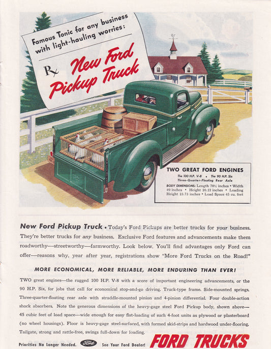 1946 Original Vintage Automobile Magazine Ad - Rare Americana - Ford Truck Prescription for New Truck