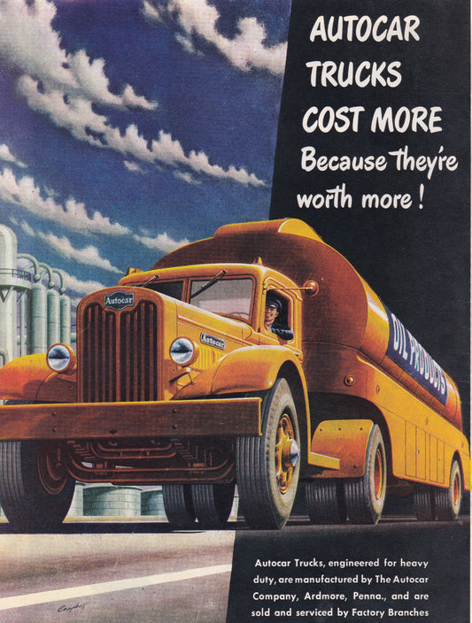 1946 Original Vintage Automobile Magazine Ad - Rare Americana - Autocar Trucks Cost More