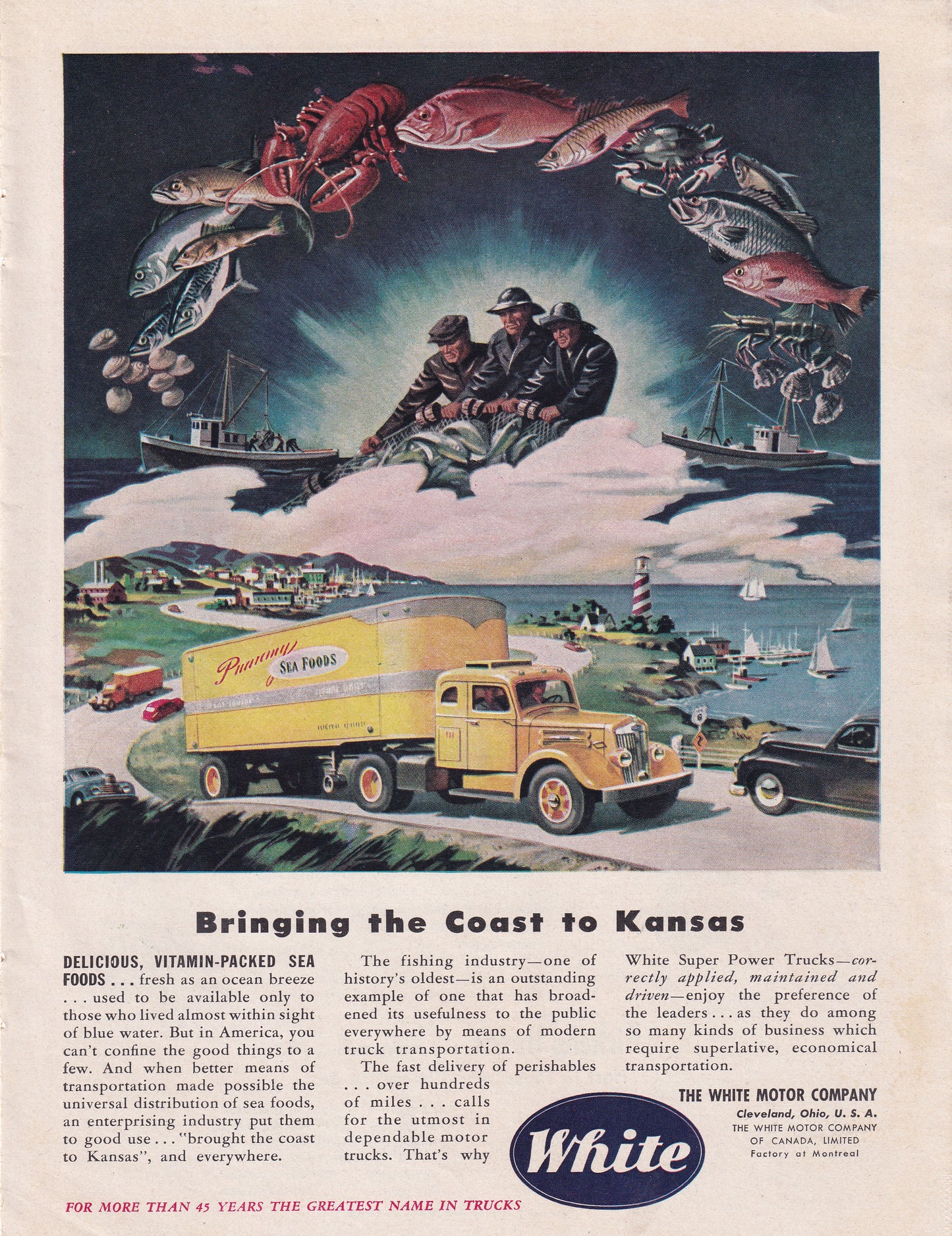 1946 Original Vintage Automobile Magazine Ad - Rare Americana - White Motor Company Truck Bringing Coast to Kansas