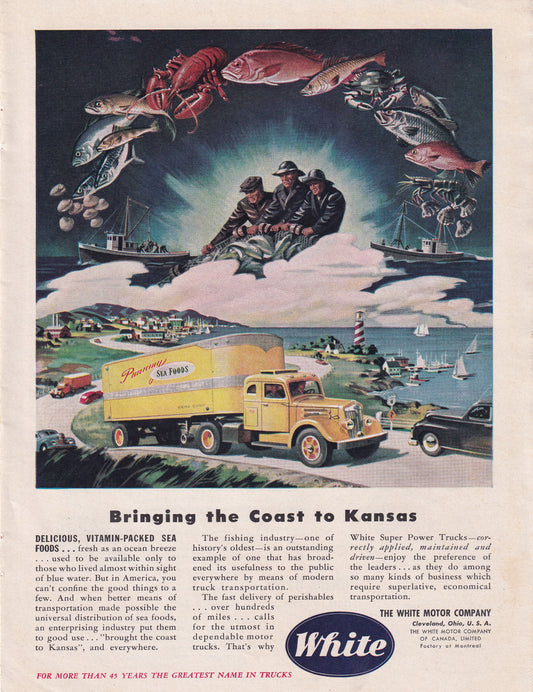 1946 Original Vintage Automobile Magazine Ad - Rare Americana - White Motor Company Truck Bringing Coast to Kansas