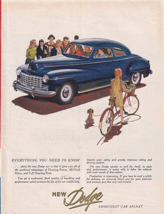 1946 Original Vintage Automobile Magazine Ad - Rare Americana - New Blue Dodge Car