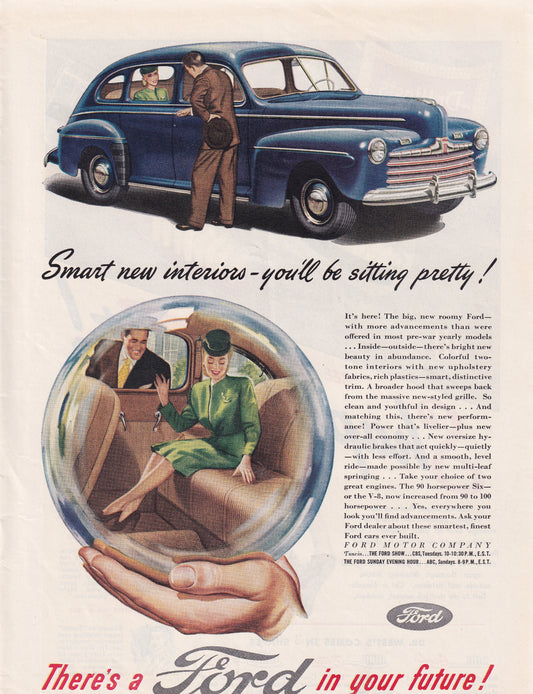 1946 Original Vintage Automobile Magazine Ad - Rare Americana  Blue Ford You'll Be Sitting Pretty