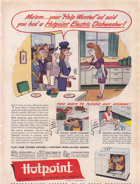 1946 SEXIST Hotpoint Dishwasher Two Ways To Please Any Woman Original Vintage Ad - Rare Americana