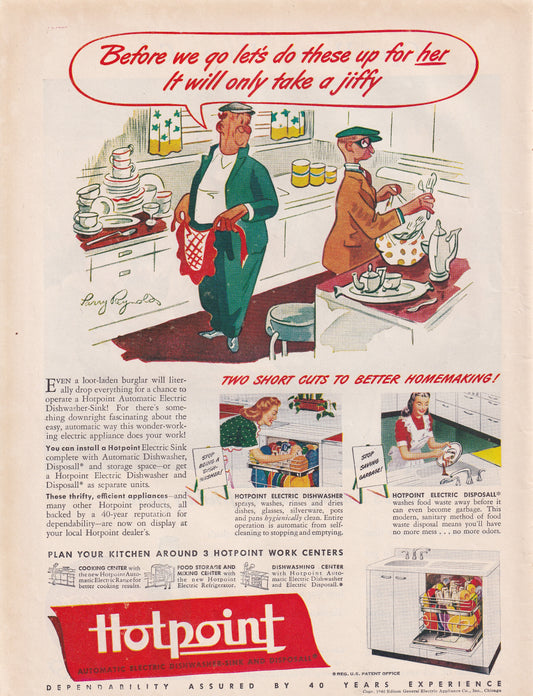 1946 SEXIST Hotpoint Dishwasher Robbers Do Her Job Original Vintage Ad - Rare Americana