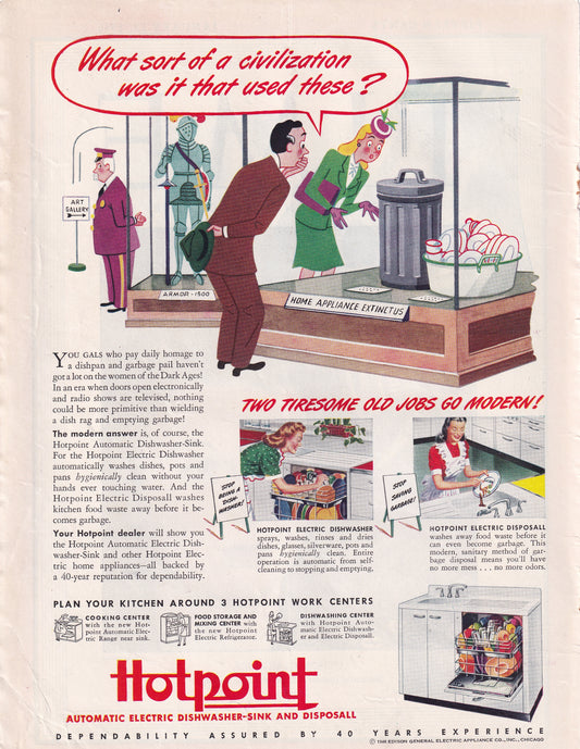 1946 SEXIST Hotpoint Dishwasher Dark Ages Original Vintage Ad - Rare Americana