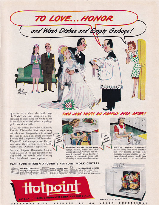 1946 SEXIST Hotpoint Dishwasher Two Jobs You'll Happily Do Original Vintage Ad - Rare Americana