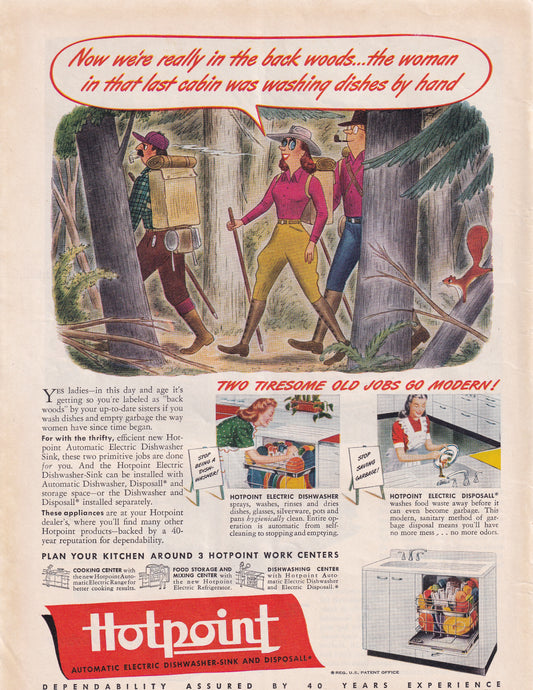 1946 SEXIST Hotpoint Dishwasher Back Woods Original Vintage Ad - Rare Americana