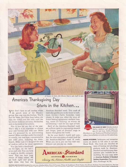 1946 Sexist Original Vintage Magazine Ad - Rare Americana American Standard Mother Always in the Kitchen